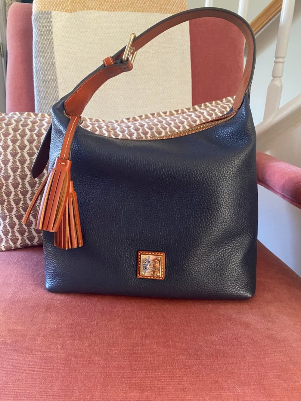 Dooney & Bourke Navy Pebbled Leather Hobo Bag Cognac Two Tone Tassel Bag Classic
